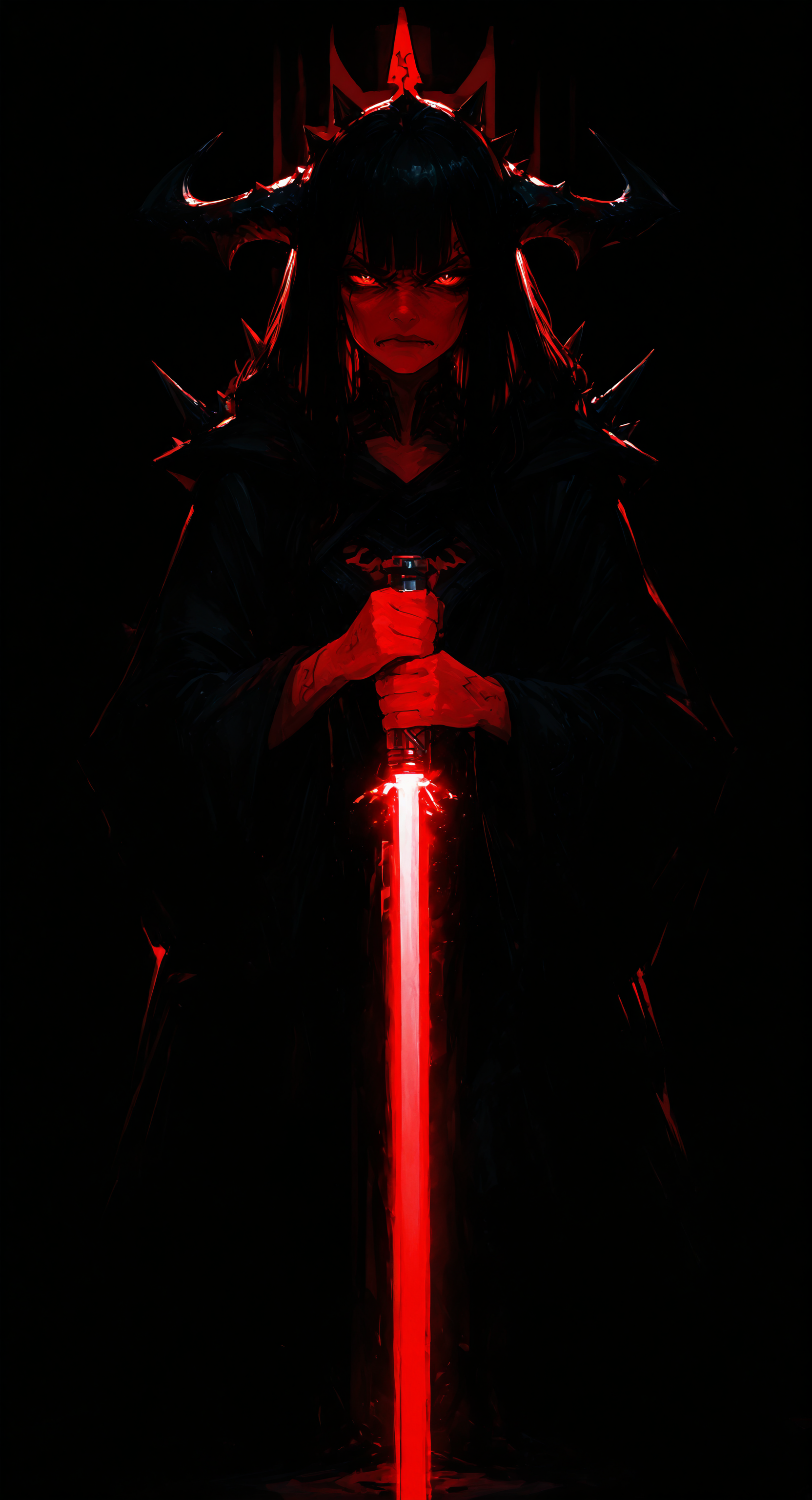 masterpiece, best quality, good quality, very aesthetic, absurdres, newest, 1girl, red skin, Darth Maul like spikes on head, dressed in a dark Sith lord robe, Dark Jedi,angry expression, scowling, holding a red lightsaber, pitch black background only illuminated by red lightsaber, perfect lightsaber, lightsaber pointed at viewer, concept art, looking at viewer,straight on,backlit, backlighting <lora:spo_sdxl_10ep_4k-data_lora_webui:0.6> <lora:ponyv5_noobV065S_1_adamW-000013:0.7> <lora:USNR_STYLE_XL_lokr:0.45> <lora:GBF_Illustrious:0.4> <lora:748cmSDXL:0.8> <lora:backlitILL:1>