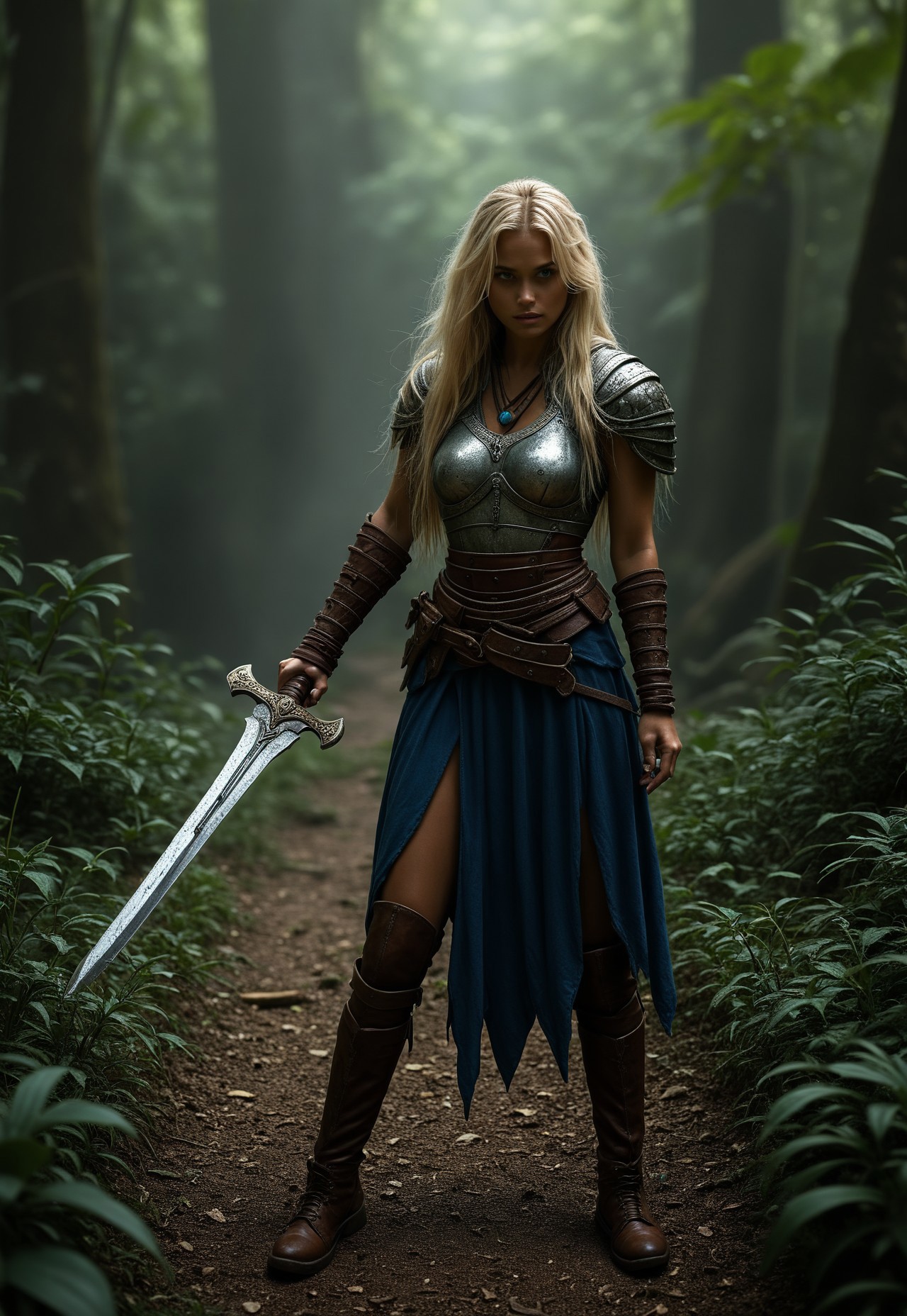 safe_pos, score_9, score_8_up, score_7_up, score_6_up, rating_safe, adult woman, amazonian warrior,  blue eyes, very long blonde hair, long hair, muscular female, curvy, ((full clothed tribal armor)), gloves, battle stance, holding weapon, knife, jungle, night, outdoors, solo, dramatic lighting, fantasy, detailed realistic photo
<lora:FrankChoStyleV1:0.8>, BREAK score_9, score_8_up, score_7_up, score_6_up, score_5_up, score_4_up
(european beauty girl)  
 (8k uhd:1,4)
 <lora:add-detail-xl:1>
 <lora:Dynamic Poses:1>