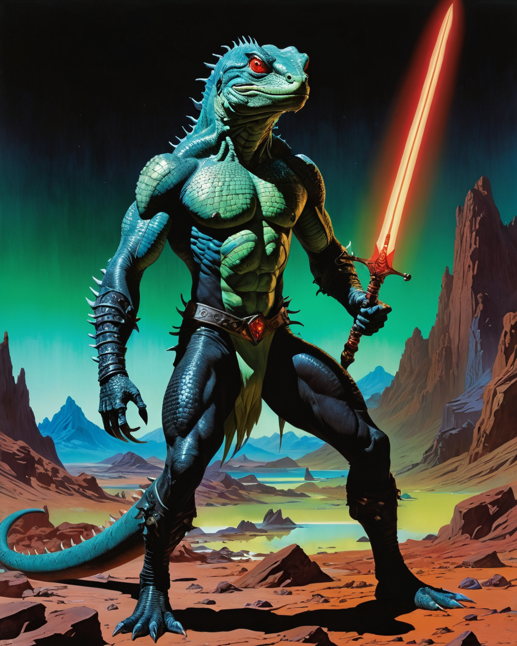 evil lizard on Mars, John Carter Warlord of Mars, Frank Frazetta, albino, blood, black armor, detailed face, full body, water, reflections, transparency, vibrant intense color, neon, glowing light, The Valley of the Lost, Kay Nielsen, neon, crimson, green, yellow, blue, realistic photo, <lora:add-detail-xl:1>, <lora:xl_more_art-full_v1:0.8>