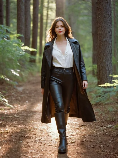 Analog photo of Nellie_LaPlace_P_MXAI_SDXL walking through the woods, wearing a leather duster, wearing leather pants, wearing a white shirt, wearing black boots, walking towards the camera, golden hour, god rays