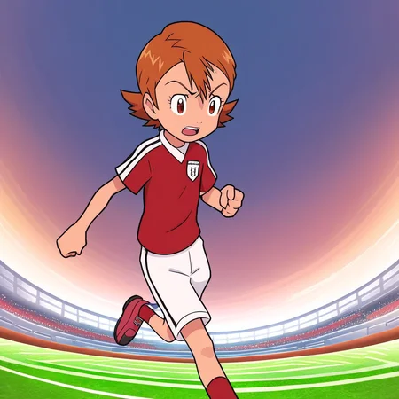 core_9, score_8_up, score_7_up, source_anime, prefect lighting, very aesthetic, intricate details, highly detailed background, high quality, prefect hands, best quality, sora takenouchi, digimon short hair, brown eyes, soccer uniform, red soccer shirt, white shorts, running, soccer field, looking down, playing,