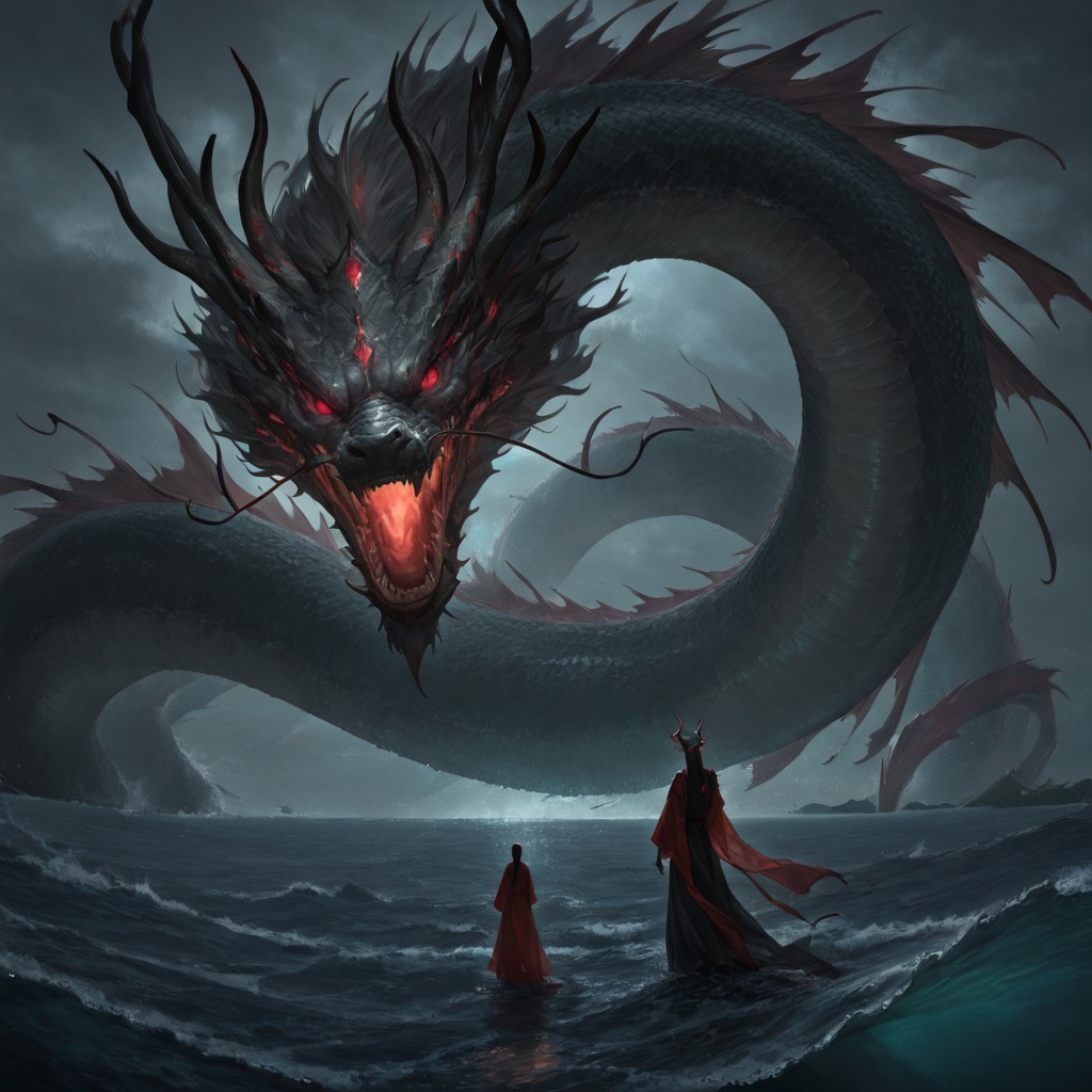 masterpiece, best quality, newest, absurdres, highres, AQDRV1.0, dragon, ocean, monster, glowing eyes, red eyes, eastern dragon, horns, dragon horns,