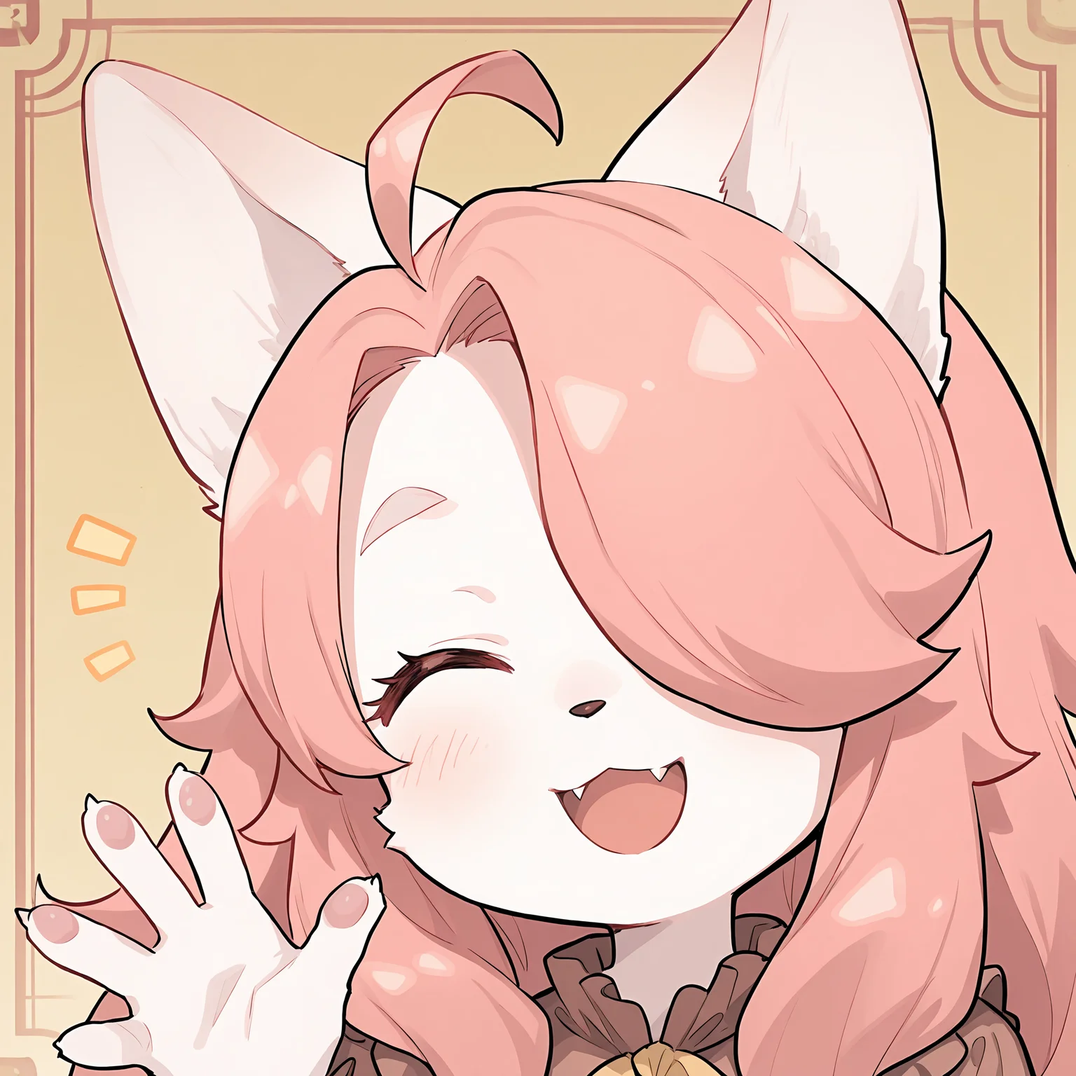 BREAK, <lora:Hanna_Fondant:1>, hanna fondant, fuga: melodies of steel, kemono, furry female, young female, 1girl, cat girl, white fur, pink eyes, pink hair, long hair, ahoge, hair over one eye, animal ears, cat ears, cat tail,
BREAK, Fuga 1 Outfit, brown dress,
BREAK, solo, face focus, close-up, looking at viewer, open smile, head tilt, waving, closed eyes,