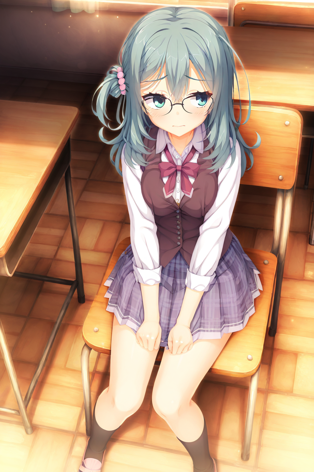 masterpiece,best quality,good quality,rating safe,, <lora:Shikibe_Mayuv1-ill_narcissu:1>, 1girl,solo,shikibe mayu, riddle joker, hair beads, long hair, pink scrunchie, hair between eyes, hair ornament, aqua hair, wavy hair, one side up, aqua eyes, double-parted bangs, school uniform, plaid skirt, pleated skirt, frills, white shirt, brown vest, grey skirt, long sleeves, black socks, pink footwear,blush,sitting on the seat,looking to the side,classroom,glasses