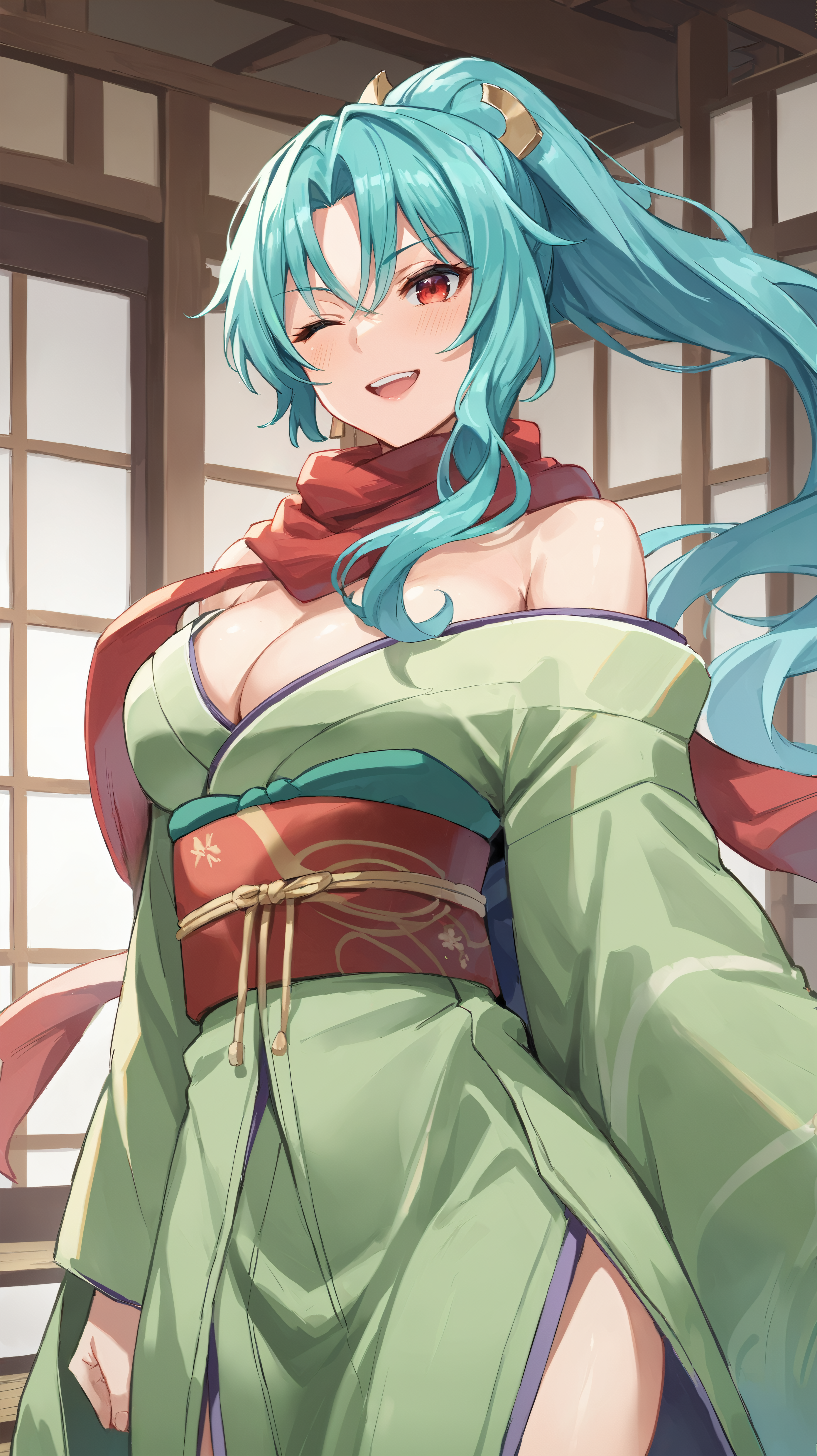 score_9,score_8_up,score_7_up,score_6_up, source_anime, zPDXL, <lora:xl_more_art-full_v1:0.5>, woman, dynamic pose, winking, <lora:Tomoe  - Pony-000004:0.8>, green kimono, long hair, aqua hair, ponytail, red eyes, red scarf, red obi, japanese house interior,