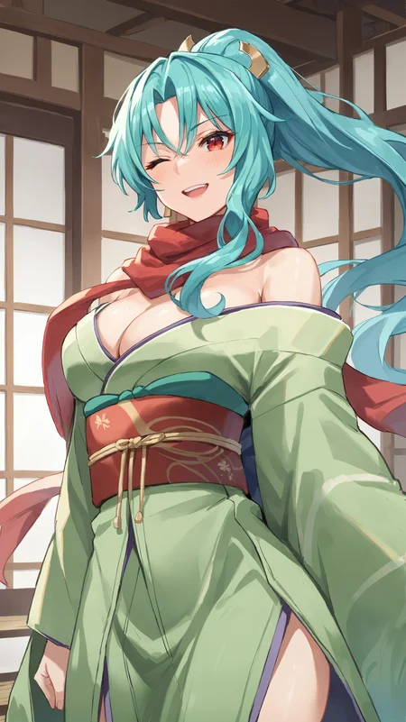 score_9,score_8_up,score_7_up,score_6_up, source_anime, zPDXL, <lora:xl_more_art-full_v1:0.5>, woman, dynamic pose, winking, <lora:Tomoe - Pony-000004:0.8>, green kimono, long hair, aqua hair, ponytail, red eyes, red scarf, red obi, japanese house interior,