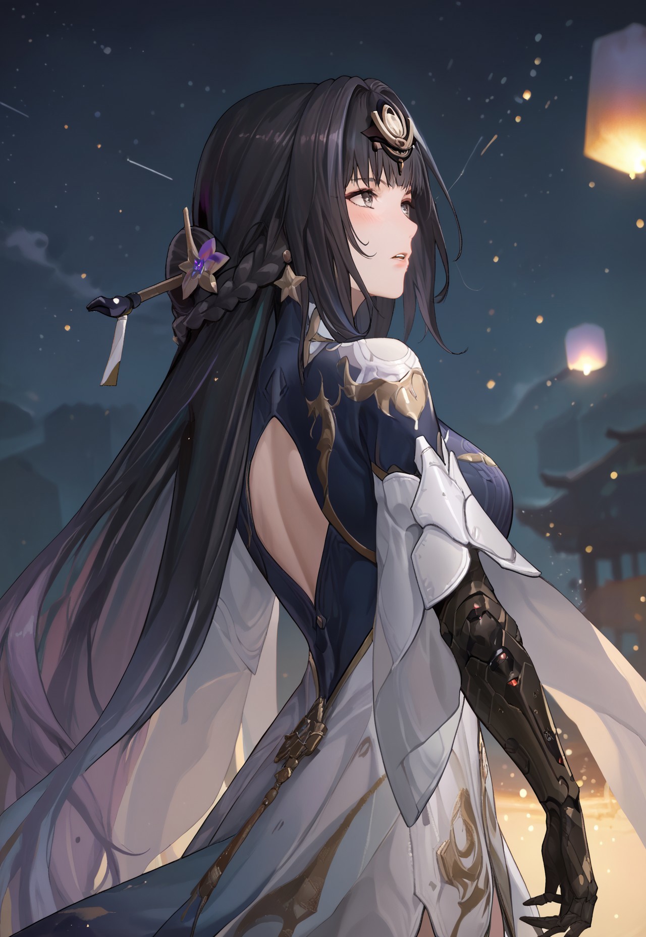 zPDXL3, score_9_up, score_8_up, score_7_up, Anime_source, mature body, Shukra, gray eyes, multicolored hair, black hair, lavender hair, mole under mouth, dress, mechanical arm, cowboy shot, from side, looking up, stars, night, particles, parted lips, blush