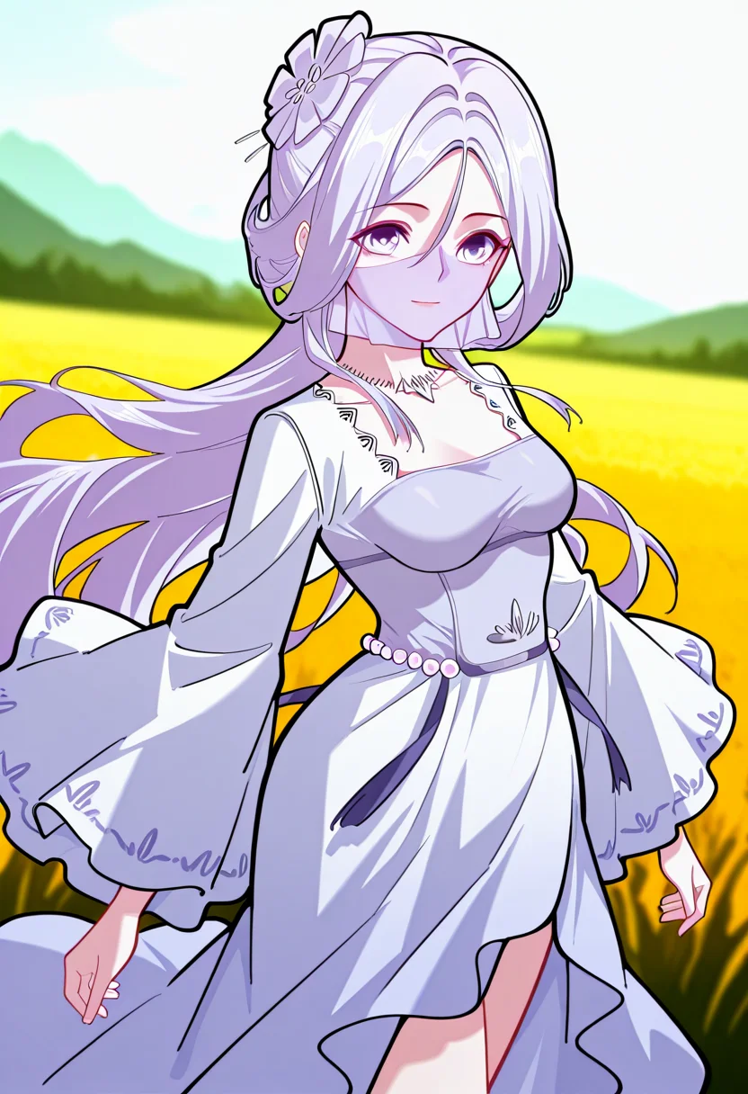 <lora:Chu_Qingcheng_IL:1>,Chu_Qingcheng_IL,1girl,long purple hair,wavy hair,Soft wavy strands,hair ornament,parted bangs,purple eyes,hair between eyes,necklace,medium breasts,face veil,soft light purple veil,elegant outfit,white dress,layered dress,pearl accents,high slit dress,wide sleeves,flowy fabric,ornamental belt,waist gems,floral chest design,
score_9,score_8_up,score_7_up,very aesthetic,source_anime,detailed,high quality,beautiful,masterpiece,detailed eyes,field,blurry background,pose dynamic angle,upper body,cowboy shot,light smile,floating