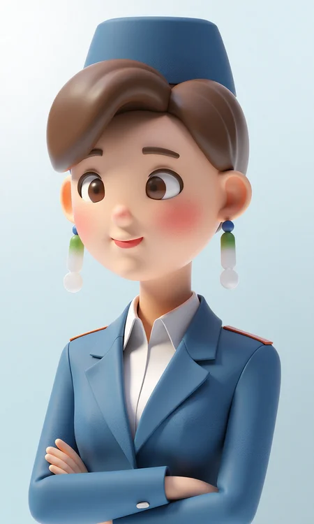 A 3D illustration scene: a headshot of a flight attendant