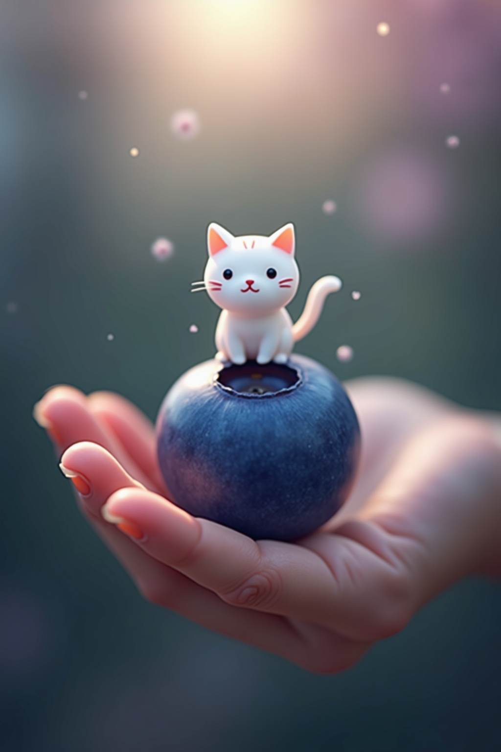 Macro shot of a giant blueberry cradled in a dainty hand, a playful white chibi cat poised atop it, soft backlighting enhancing the image, surrounded by a moody spring ambiance, chibi art style, pastel tones, soft shadows, depth of field focusing on blueberry and chibi, cinematic soft light.