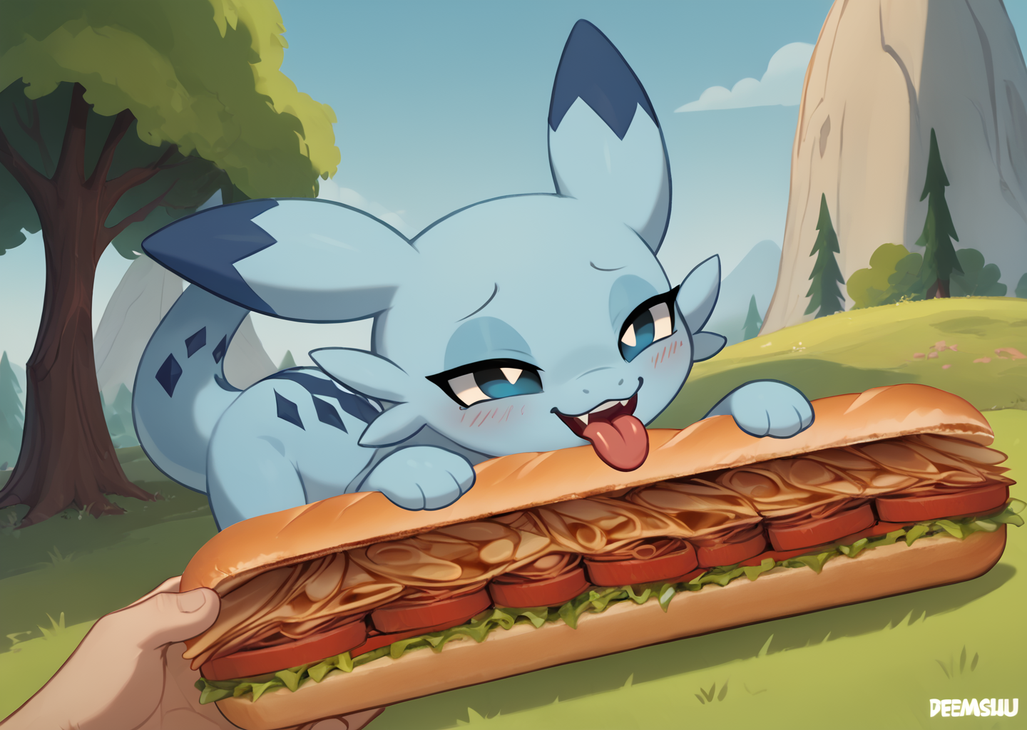 score_9, score_8_up, score_7_up, score_6_up, score_5_up, score_4_up, feral chillet licking a sandwich, tongue, freshcock, eatfresh, behaving like a cat, blue body, full body, show accurate, cute, dark blue diamond chest markings, giant, bedroom eyes, background text, nutty<lora:chillet-v3e10:1>,<lora:EatfreshPDXL:1>