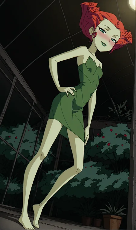 IllusP0s, perfect, best quality, high quality, masterpiece, absurdres, short, slender, (petite), 1girl, blushing, solo, red hair, green skin, (solo focus), (cinematic lighting), spotlight, lipstick, (looking at viewer), hand on hip, night, greenhouse, [jungle], seductive smile, strapless, green dress, barefoot, (dynamic angle), (cute), good hands, (bright), good legs, good proportions, good anatomy, <lora:The_Batmans_Poison_Ivy-000010:0.95>