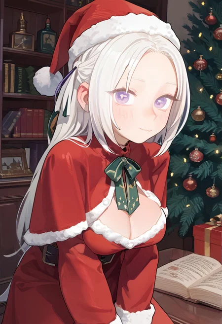 score_9, score_8_up, score_7_up, score_6_up, 
1girl, 20 years old, detailed face, perfect face, cute, detailed eyes, ((large breasts)), white hair, purple eyes, edelgard von hresvelg, red choker, santa dress, christmas dress, santa hat, 
christmas tree, night, indoors, comfy vibes, christmas theme,
bookshelf, detailed face, face focus, vibrant colors,