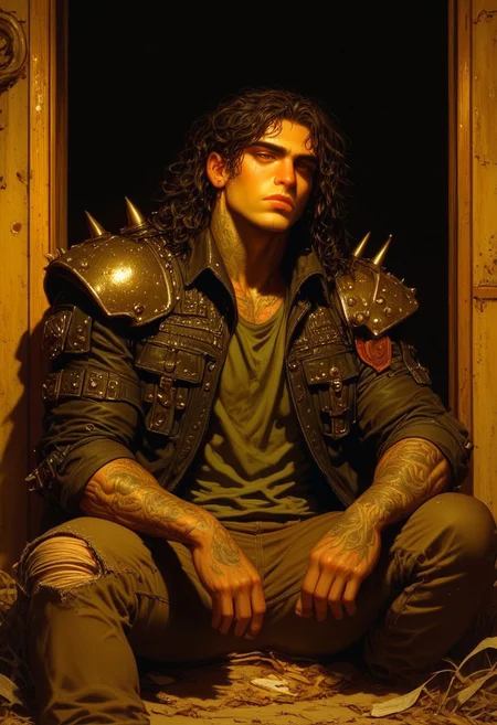 score_9, score_8_up, score_7_up, best quality, fine detail, digital painting, 1boy, solo, long curly wet black hair, muscular, black leather jacket with spikes, shoulder pad, handsome, sitting on the ground, wearing ripped jeans, wrinkled clothing, worn out tattered clothing, relaxing, carefree, melancholy, very detailed background, gritty, amber lighting, deep shadows, vivid detail, interesting composition, 8K, UHD, goonguy