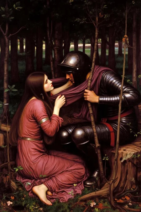 jwwaterhouse1 painting.
A woman and a knight in romantic moment set in a dense, dimly lit forest. The woman, shown in side view, is seated on the forest floor. She has long, flowing brown hair cascading down her back. She is pulling on the scarf worn by the knight, they are looking at each other intensely. <lora:jwwaterhouse1_cap_d6a3e11:1.0><lora:829521840574797619:0>