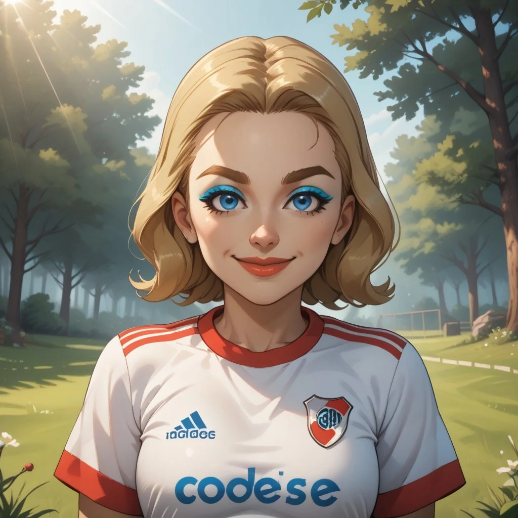 score_9, score_8, BREAK, solo, wii, mii, wii sports, 1girl, female mii, blonde hair, blue eyes, blue eyeshadow, dark blonde eyebrows, lips, RiverPlate, striped shirt, striped, shirt, white shirt, short sleeves, clothes writing, sportswear, soccer uniform, cute, nintendo mii, modern_mii, classic_mii, breasts, Holly_(Wii_Sports), sexy pose, self portrait, smile, looking at viewer, outdoors, sunlight, shadows, evening lighting, natural lighting, forest, trees, grass, orange sky, sunset