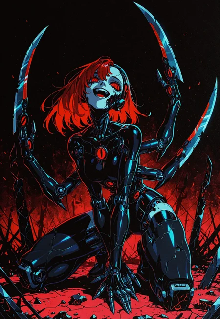 masterpiece, best quality, amazing quality, high resolution, aesthetic, 1girl, robot girl, black body with red details, red eyes, asymmetric hair, headtilt, broken robot, crazy, dark background, DRKWB, blade arms, on one knee, open mouth, laughing