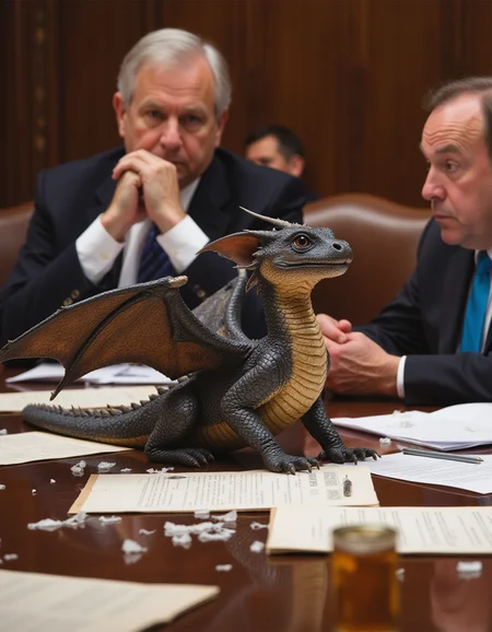 closeup photog a winged baby dragon interfering with the passage of laws in the US Senate, detailed background of the Senate chamber with frozen and confused Senators watching the dragon making a mess of documents and stationery. The dragon's scales of varying color and are hard and shiny as though metallic.