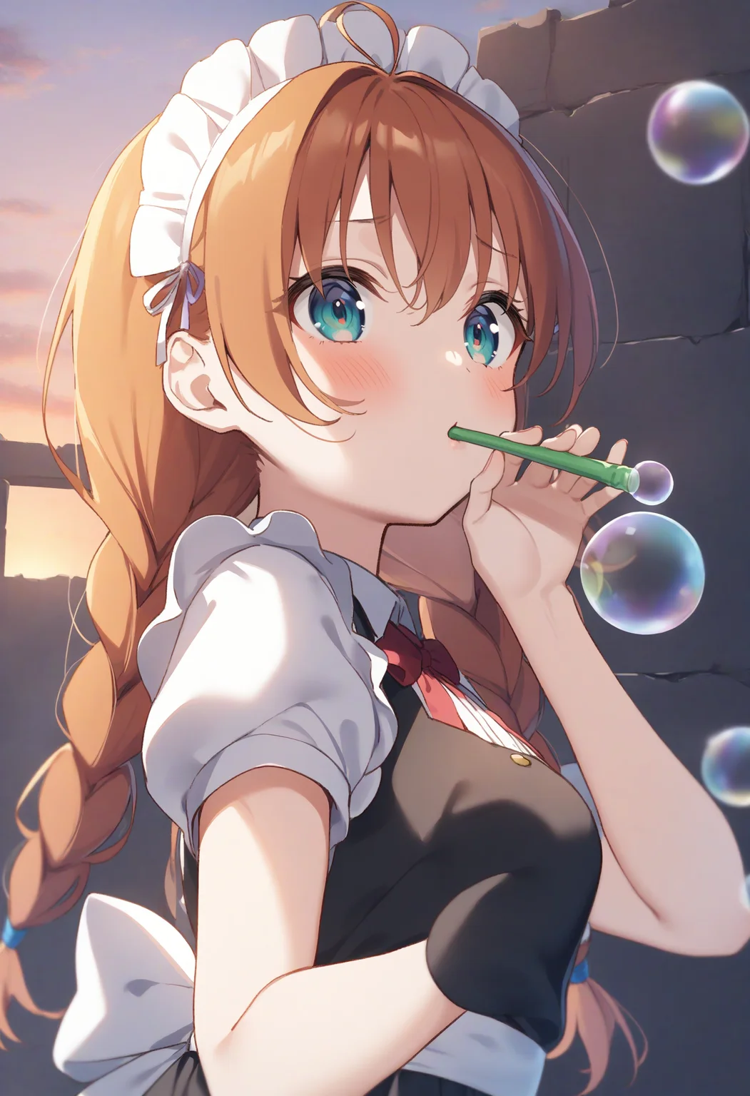 1girl,sincos, ningen mame, toosaka asagi,solo,medium breasts,20yo,maid,maid headdress,
blowing bubbles, bubble, bubble blowing, bubble pipe, outdoors, day, sky,<lora:blowingbubbles_XL_v1:0.7>
from below, portrait, looking to the side, orange hair, green eyes,troubled eyebrows, ruins, twin braids hair,
best quality, very aesthetic, absurdres