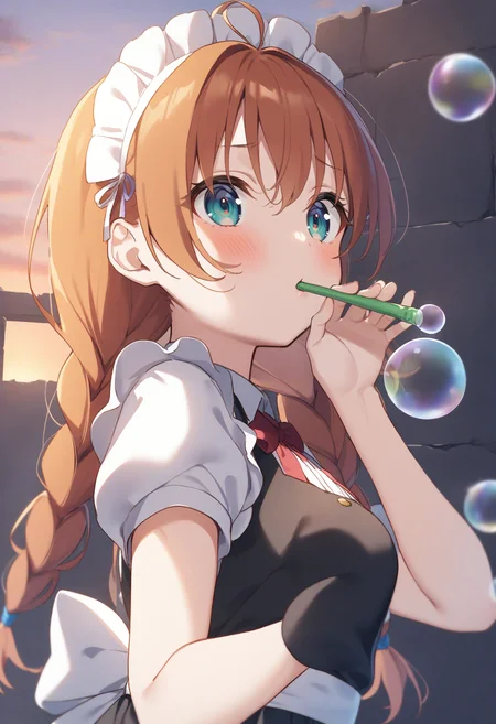 1girl,sincos, ningen mame, toosaka asagi,solo,medium breasts,20yo,maid,maid headdress,
blowing bubbles, bubble, bubble blowing, bubble pipe, outdoors, day, sky,<lora:blowingbubbles_XL_v1:0.7>
from below, portrait, looking to the side, orange hair, green eyes,troubled eyebrows, ruins, twin braids hair,
best quality, very aesthetic, absurdres