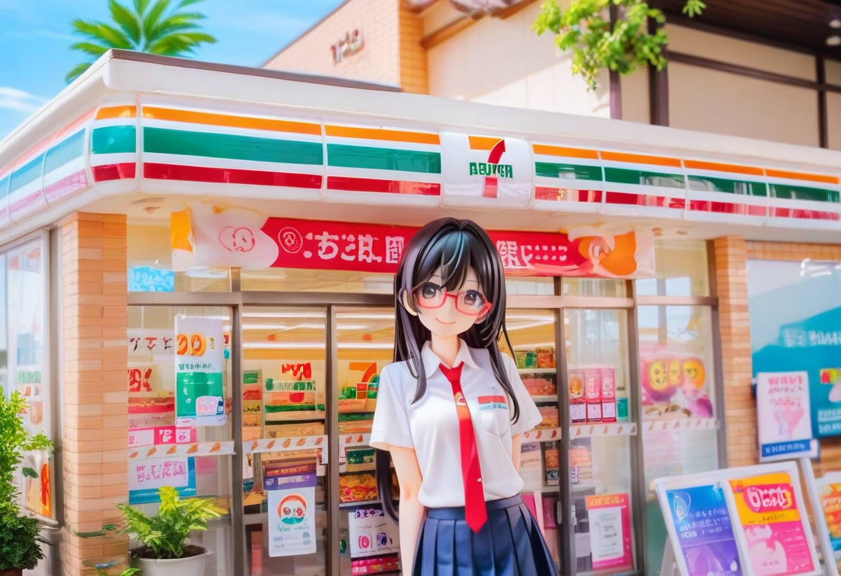 score_9, score_8_up, score_7_up, rating_safe, masterpiece, best quality, absurdres, unity 8k wallpaper, official art, official style, source_anime, uncensored, game cg, megami magazine,
1girl, solo, glasses, black hair, long hair,  collared shirt, red necktie, pleated skirt, blue skirt, looking at viewer, blush, upper body, short sleeves, smile, happy,
seveneleven, konbini, scenery, storefront, japan, shop, scenery, outdoors, convenience store, sky, plant, sign, building, storefront, day, real world location, blue sky
<lora:7eleven_storefront_PONY_V1:1>