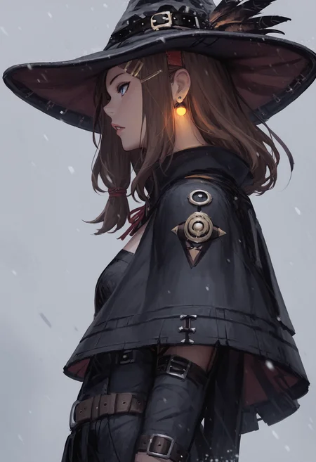 score_9, score_8_up, score_7_up, 1girl, hat, solo, witch hat, brown hair, earrings, jewelry, long hair, blue eyes, from side, hair ornament, snowing, profile, hairclip, parted lips, upper body, capelet, witch, belt, feathers, black headwear, buckle
<lora:guweiz_style_pony:1>
