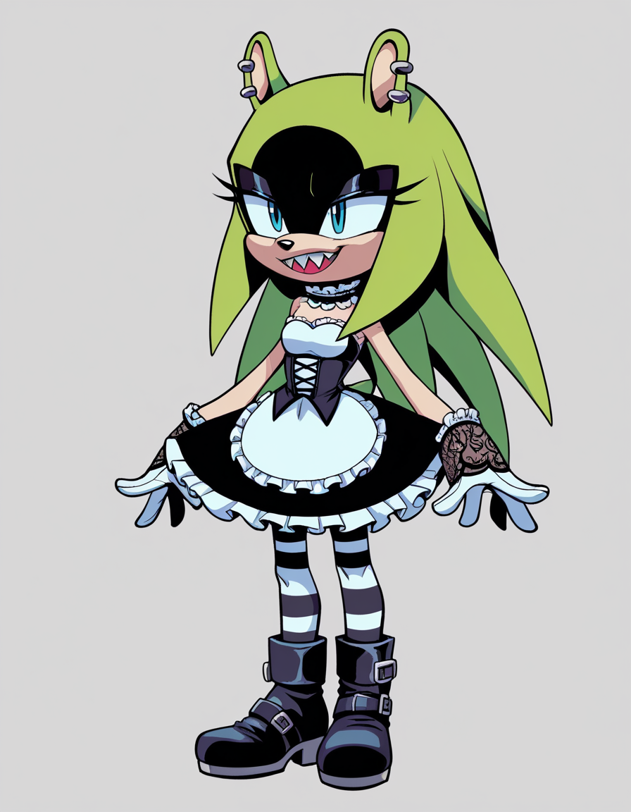 zPDXL, score_9, score_8_up, score_7_up, score_6_up, score_5_up, source_anime, 4k, absurdres, 1girl, solo,
<lora:Surge_v2mini_LoCon:0.8> surge the tenrec, (green fur), (black fur), two-tone fur, aqua eyes, black eyeshadow, long quills, shaded face, quills down,
sharp teeth,  petite, small breasts, (gothiclolita wearing Victorian-inspired costume with a high-neck lace blouse, tiered skirt, striped stockings, lace-up boots, lace choker adorned with a cameo pendant,lace gloves with ribbon ties),