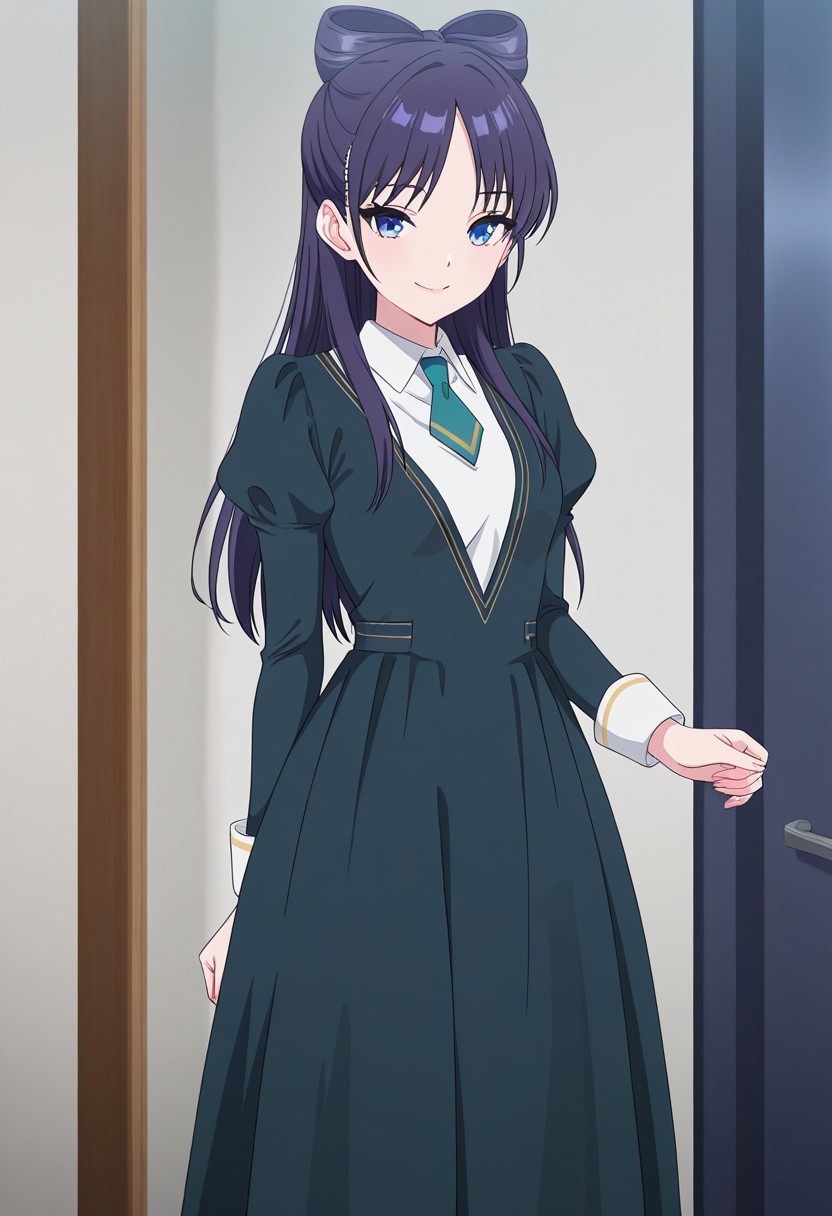 (absurdres, best quality, masterpiece:1.4), amazing quality, highres, newest, detailed, detailed body, detailed face, source anime, anime coloring, beautiful, 
BREAK
WWNemu, 1girl, solo, standing, smile, NemuAniHu, dark purple hair, bow-shaped hair, parted bangs, half updo, blue eyes,  v-neck dress, white inner collared shirt, Short necktie, juliet sleeves, long skirt