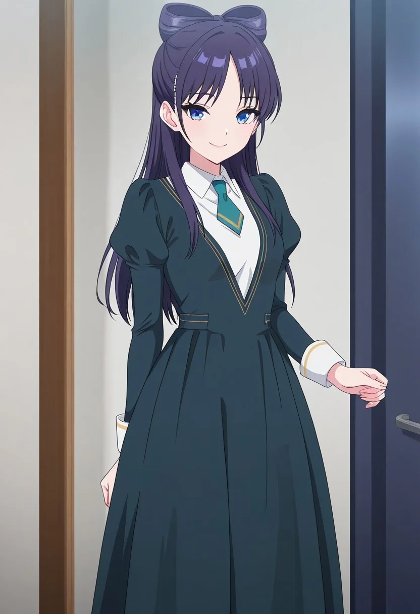 (absurdres, best quality, masterpiece:1.4), amazing quality, highres, newest, detailed, detailed body, detailed face, source anime, anime coloring, beautiful, 
BREAK
WWNemu, 1girl, solo, standing, smile, NemuAniHu, dark purple hair, bow-shaped hair, parted bangs, half updo, blue eyes,  v-neck dress, white inner collared shirt, Short necktie, juliet sleeves, long skirt