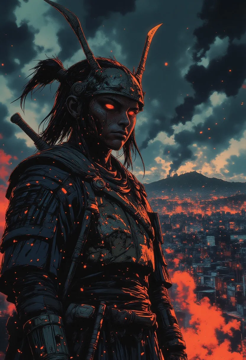 futuristic armor, in a dark futuristic style.The Last Ronin. He appears as a battle-hardened warrior, with scars and a tired but determined look. He wears heavy, battered armor, and crossed katanas behind his back. Thick smoke swirls around it, creating an atmosphere of mystery and tension. In the distance, a neon city can be seen on the horizon, illuminating the dark night and adding a futuristic contrast to its image