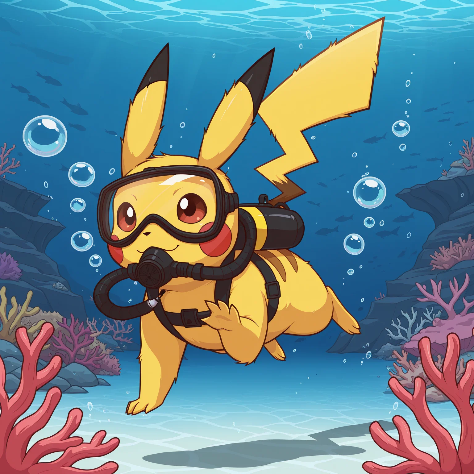 masterpiece, best quality, lw88, pokemon, pikachu, scuba gear, scuba, no humans, underwater, water, bubble, coral, googles, solo