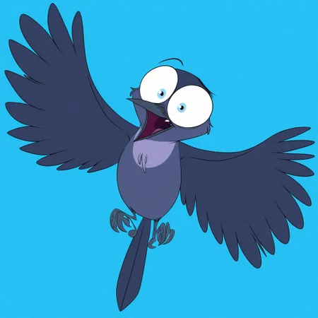 jackdaw, corvid, bird, feral, animal focus, fullbody, solo, huge eyes, light blue eyes, flying, spread wings, open beak, [looking at viewer], (illustration), silentjack, doritohead, toony, abstract background, blue background, general, year 2024, masterpiece, best quality, absurdres, very aesthetic, very awa