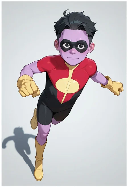 1boy, male focus, cute boy, rOliver_Grayson, Purple Skin, Colored Skin, Black Hair, Black Eyes, Domino Mask, Superhero Costume, Yellow Gloves, Yellow Boots, flying, simple background, graphic border, cinematic, intricately detailed illustration, depth of field, masterpiece, best quality, amazing quality, very aesthetic, absurdres, newest, very awa, shadow, dynamic angle, casual cosplay, dynamic pose, action pose