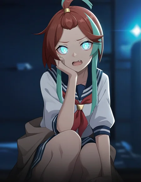 anime screencap,sailor,sailor collar,sailor skirt,cinematic lighting cinematic angel,dark,glowing eyes,fang,open mouth,hand on own cheek,blurry background,looking at viewer,red neckerchief,knee,
<lora:andi_noob:0.8>,andi,1girl,solo,multicolored hair,streaked hair,aqua hair,two-tone hair,sidelocks,brown hair,short hair,blue eyes,topknot,
masterpiece,best quality,very aesthetic,absurdres,