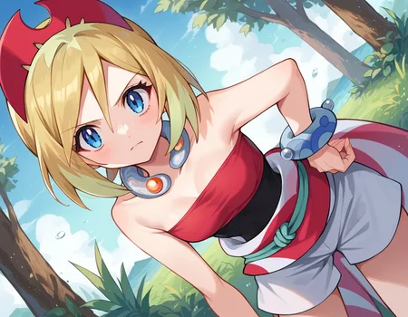 score_9, score_8_up, score_7_up, source_anime,
pokemonirida, <lora:pokemon-irida-ponyxl-lora-nochekaiser:1>
pokemonirida, blonde hair, blue eyes, hair between eyes, medium hair,
bracelet, hat, jewelry, neck ring, red headwear, red shirt, sash, shirt, shorts, strapless, strapless shirt, waist cape, white shorts,
outdoors, nature, bent over,
looking at viewer, cowboy shot, dutch angle,