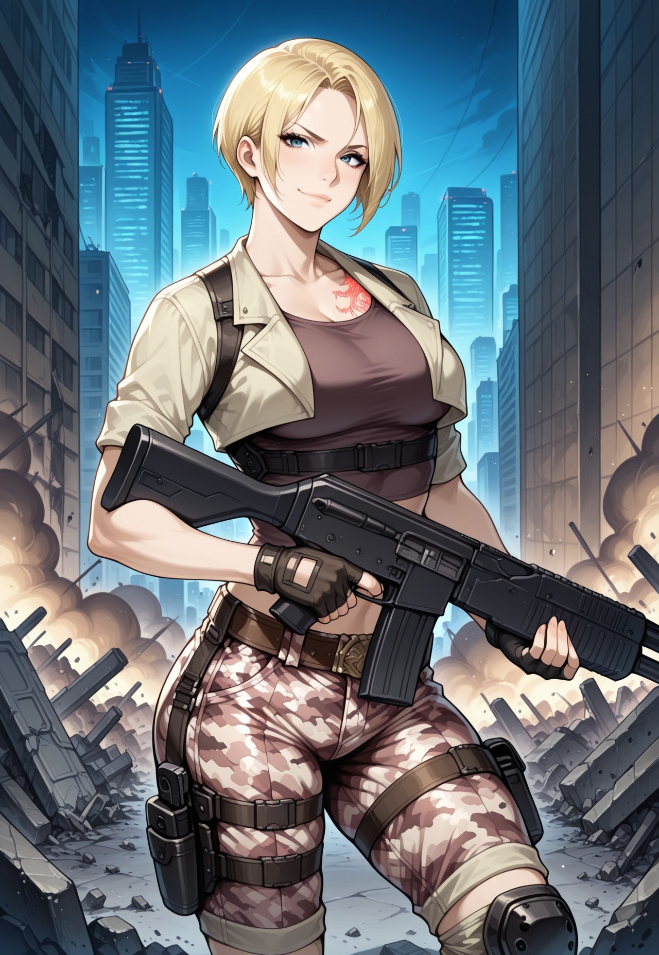 masterpiece, best quality, detailed, realistic, cowboy shot, smug, 1girl, solo, partygirl, blonde hair, short hair, cropped jacket, short sleeves, tank top, harness, midriff, camouflage shorts, belt, thigh holsters, fingerless gloves, standing, looking at viewer, tattoo, knee pads, holding rifle, assault rifle, city, at night, destruction,