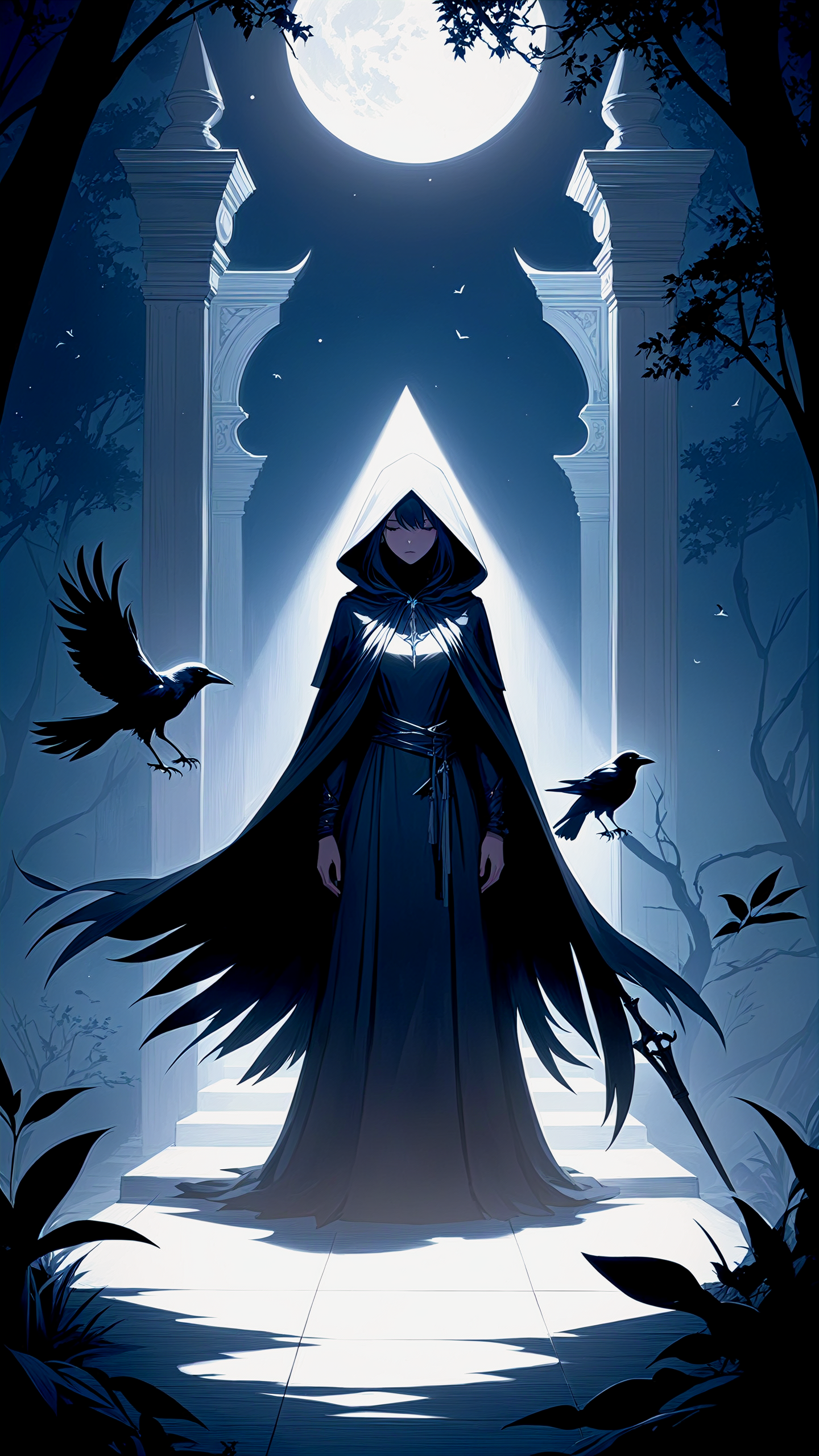 Swathed in a cloak of shadow, a woman stands, her figure a deeper shade within the all-consuming black, She wields an instrument unseen, slicing through the thick, tangible obscurity that surrounds her. Each movement is precise, an artful dance of severance and creation. The sound of her actions, the gentle whisper of division, resonates as a stark, rhythmic contrast to the otherwise oppressive silence of the dark realm. This woman, a mistress of the night, carves pathways of emptiness into the void itself, her task a mysterious ritual known only to her. In this place devoid of light, she is the sculptor of the unseen, her very being an enigma, crafting contours and dimensions where none would seem to exist, crows, Black Desert, detailed, (sunlight:1.15)
