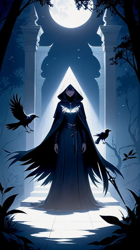 Swathed in a cloak of shadow, a woman stands, her figure a deeper shade within the all-consuming black, She wields an instrument unseen, slicing through the thick, tangible obscurity that surrounds her. Each movement is precise, an artful dance of severance and creation. The sound of her actions, the gentle whisper of division, resonates as a stark, rhythmic contrast to the otherwise oppressive silence of the dark realm. This woman, a mistress of the night, carves pathways of emptiness into the void itself, her task a mysterious ritual known only to her. In this place devoid of light, she is the sculptor of the unseen, her very being an enigma, crafting contours and dimensions where none would seem to exist, crows, Black Desert, detailed, (sunlight:1.15)