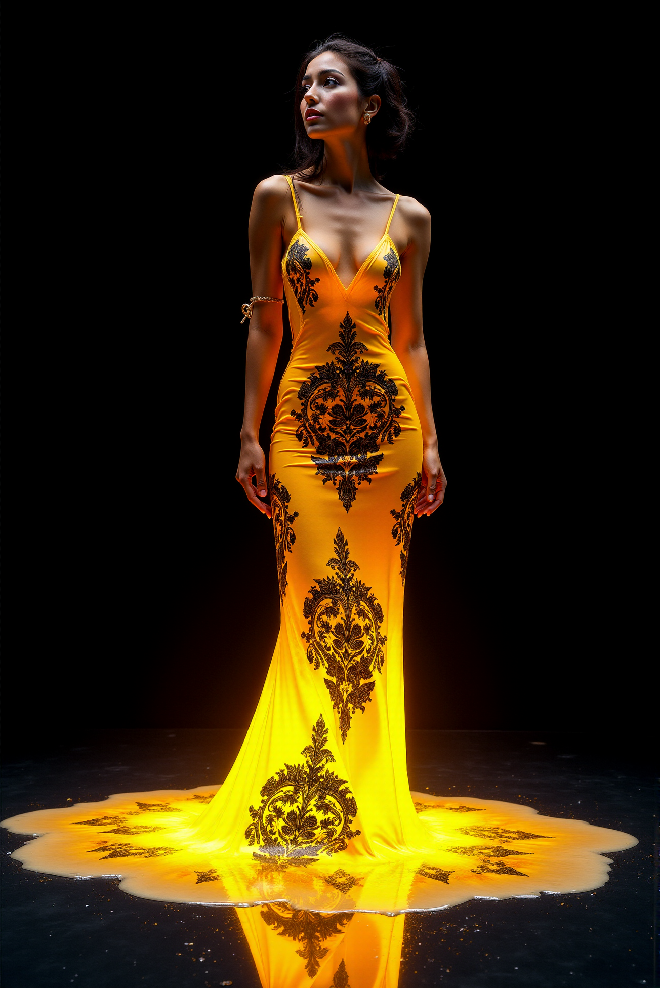 <lora:Ornamental_Patterns:0.4> OrnamentalPatterns style.
A beautiful slender yet feminine physique woman, charming lovely face and a fair complexion. She wears a splash of vibrantly glowing liquid as a liquid-dress, that liquid-dress creates a glowing gradient of vibrant hues, liquid-dress illuminates her face and flows as a fluid slowly down her body and then spreads widely into a puddle of liquid light, illuminating across the floor and mixing with dark reflective liquid surface beneath her, flawlessly transitioning into the black background. She has a short neck, her posture is elegant with her one hand resting on her hip, her head is slightly raised up, beautiful eyes gazing somewhere in the distance, (intrigued and smiley expression). extremely high-resolution details, photographic, realism pushed to extreme, fine texture, incredibly lifelike . award-winning, professional, highly detailed.
(Every surface and every clothes  are completely covered with clearly visible,
black on yellow fine damask pattern, contrasting sharply with the underlaying color. That pattern appears to cover the entire image.)