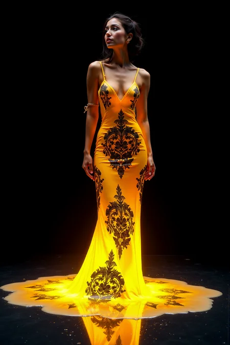 <lora:Ornamental_Patterns:0.4> OrnamentalPatterns style.
A beautiful slender yet feminine physique woman, charming lovely face and a fair complexion. She wears a splash of vibrantly glowing liquid as a liquid-dress, that liquid-dress creates a glowing gradient of vibrant hues, liquid-dress illuminates her face and flows as a fluid slowly down her body and then spreads widely into a puddle of liquid light, illuminating across the floor and mixing with dark reflective liquid surface beneath her, flawlessly transitioning into the black background. She has a short neck, her posture is elegant with her one hand resting on her hip, her head is slightly raised up, beautiful eyes gazing somewhere in the distance, (intrigued and smiley expression). extremely high-resolution details, photographic, realism pushed to extreme, fine texture, incredibly lifelike . award-winning, professional, highly detailed.
(Every surface and every clothes are completely covered with clearly visible,
black on yellow fine damask pattern, contrasting sharply with the underlaying color. That pattern appears to cover the entire image.)