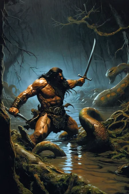 dark atmosphere, foto, (a barbarian warrior fight against a large phyton), fight scene, (barbarian warrior stands in water), (large phyton:1.5), (phyton head:1.5), (dagger:1.5), swamp, (mud water), foul, rot, dead trees, (lichens hang down from dead trees), misty, hazy, dark sky, bad weather, epic scenery, 24mm lens, high contrast, highly detailed, (detailed face:1.5), (best quality), (highest quality), (ultra detailed)