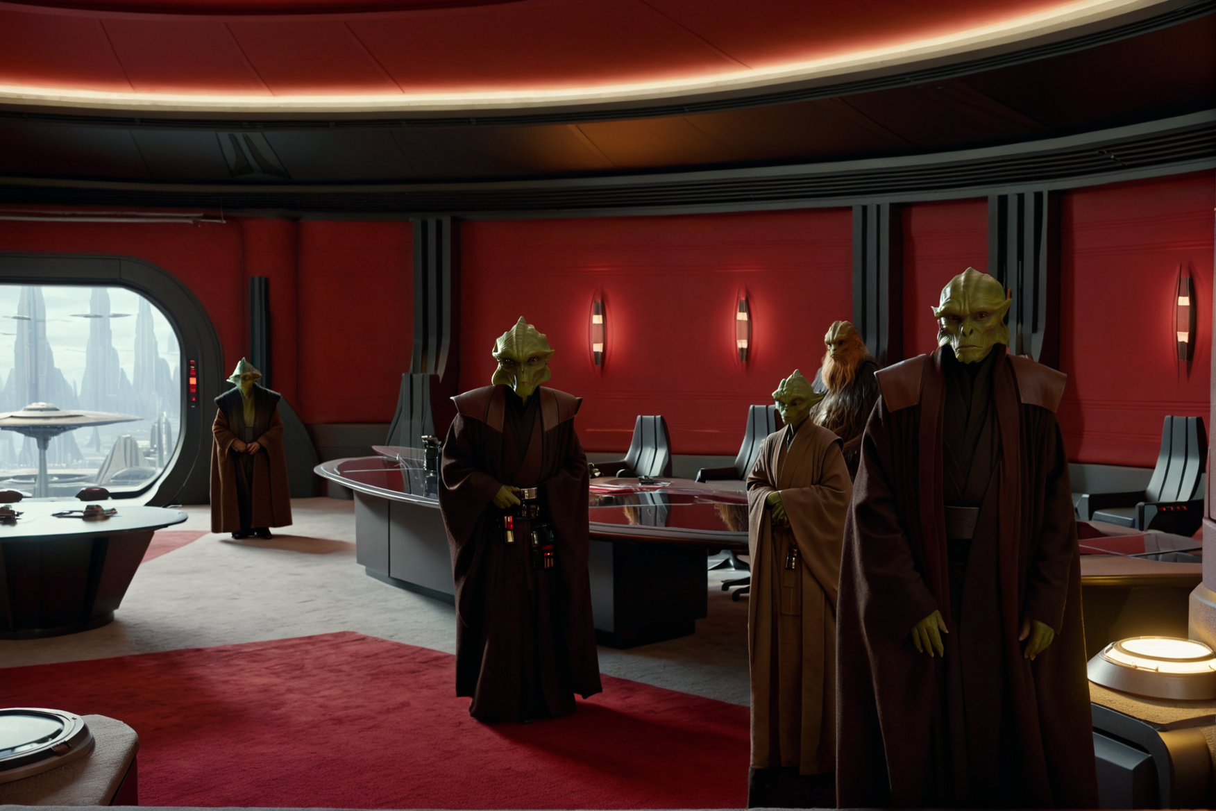 (establishing shot shot1.5) of two star wars alien creatures walking in a Coruscant office Interior <lora:Coruscant:0.2> Coruscant <lora:Coruscant_Office_Interior:0.9> with red walls, red carpet, grey furniture, science fiction, 8k resolution, sharp focus, infused with a graphic novel aesthetic, cinematic, detailed, motion picture style, realistic, sci fi style, cinematic light, perfect color, perfect scene, shallow depth of field, vignette, highly detailed, high budget, bokeh, cinemascope, moody, epic, masterpiece, <lora:Rembrandt Lighting style v2:0.6> Rembrandt Lighting style, in the dark Low-key lighting Style <lora:Low-key lighting Style:0.6>, art deco