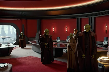(establishing shot shot1.5) of two star wars alien creatures walking in a Coruscant office Interior <lora:Coruscant:0.2> Coruscant <lora:Coruscant_Office_Interior:0.9> with red walls, red carpet, grey furniture, science fiction, 8k resolution, sharp focus, infused with a graphic novel aesthetic, cinematic, detailed, motion picture style, realistic, sci fi style, cinematic light, perfect color, perfect scene, shallow depth of field, vignette, highly detailed, high budget, bokeh, cinemascope, moody, epic, masterpiece, <lora:Rembrandt Lighting style v2:0.6> Rembrandt Lighting style, in the dark Low-key lighting Style <lora:Low-key lighting Style:0.6>, art deco