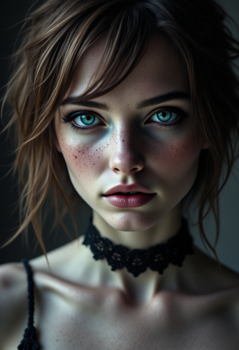 Photorealistic portrait of a young woman with a delicate, angular face featuring soft freckles across her nose and cheeks. She has a short, choppy light chestnut brown bob haircut with uneven bangs that frame her expressive, slightly downturned blue eyes. Her pale skin is accentuated by the contrast of light hitting one side of her face, leaving the other in shadow. lace choker,cleaveage,  corset,seductive,sultry, seductive,  blending gothic elegance with a soft, vulnerable expression. The background is silhouetted, creating a dramatic and mysterious atmosphere <lora:Dever_Flux_Enhancer:0.85>   <lora:aidmaFluxPro1.1Stylev0.2:0.7> aidmafluxpro1.1