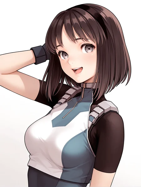masterpiece,best quality,newest,
1girl,solo,
<lora:nagase_mari_ilxl_v1.0:1>,mari,black hair band,bob_cut,brown hair,grey eyes,
r_suit,turtleneck,skin tight,bodysuit,crop top,short sleeves,fingerless gloves,leotard,<lora:Fixhands_anime_bdsqlsz_V1:1>,looking_at_viewer,cinematic_angle,looking_at_viewer,white_background,simple_background,upper_body,face_focus,laughing,scratching head,gasping,