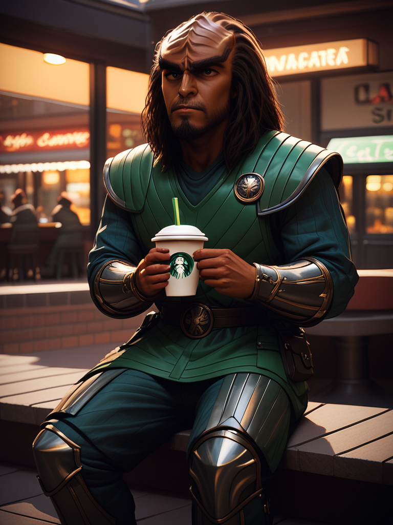 sitting at a sidewalk cafe drinking a latte <lora:Klingon_v2_pony:1> score_9,score_8_up,score_7_up,score_6_up,score_5_up,score_4_up , 1man, kling0n alien, large forehead ridges, brown skin, large eyebrows, wearing warrior armor,