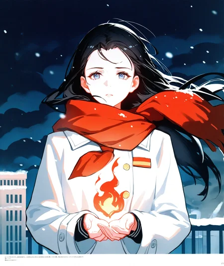 s-m, white monochrome, strong wind, snow, storm, dark clouds, cold, building, dark sky, 1girl, solo, black hair, blue eyes, cupping tiny red flame on her hands, (red flame:1.2), looking at the viewer, looking forward, long hair, cupping hands, half body, breathing, white coat, white soviet schoolgirl uniform, red neckerchief,
(stu dts:0.3), (reoen:0.4), (ask \(askzy\):0.4), (liduke:0.4),
masterpiece, absurdres, anime
<lora:CCCPposter-NOOB-VPRED1.0-7:1>