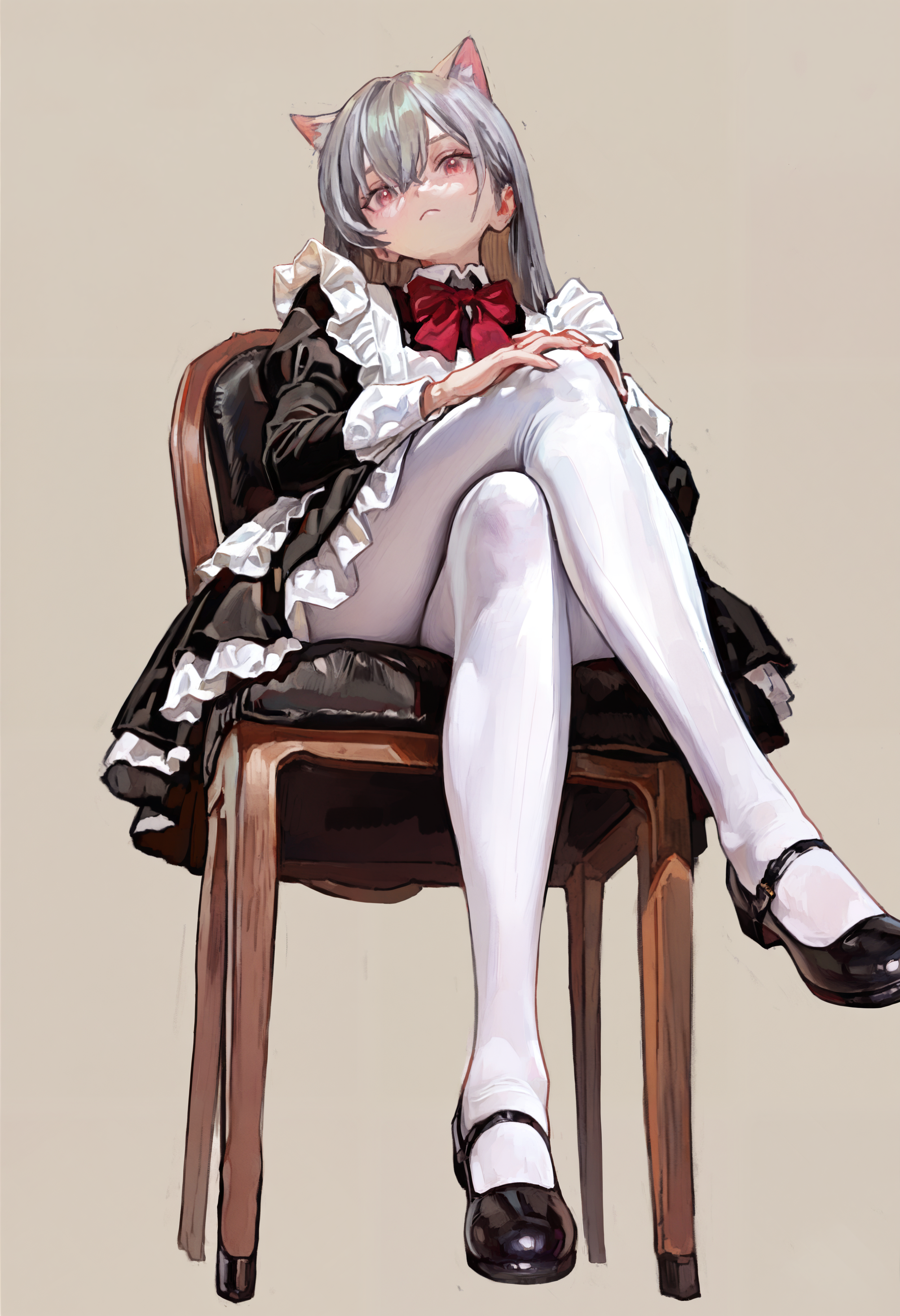 masterpiece, highres, absurdres, newest, very awa, painting \(medium\), simple background,   1girl, solo, grey hair, cat ears, maid, apron, pantyhose, red bowtie, mary janes, black footwear,   sitting, crossed legs, chair, hand on own knee, looking at viewer, from below,  <lora:spo_sdxl_10ep_4k-data_lora_webui>,  <lora:NOOB_EPSv1_1_detailer_by_vlnvk_v1_0:0.5>, <lora:illustrious_noobai_epsilon_pred_1_best_quality_v1:0.7>, <lora:noobai_ep11_stabilizer_v0.30_fp16:0.4>,  <lora:FKEY:0.8>,