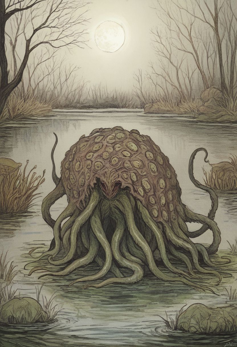 Score_9, in the style of Beatrix Potter, Cthulhu in a swamp, creepy moon