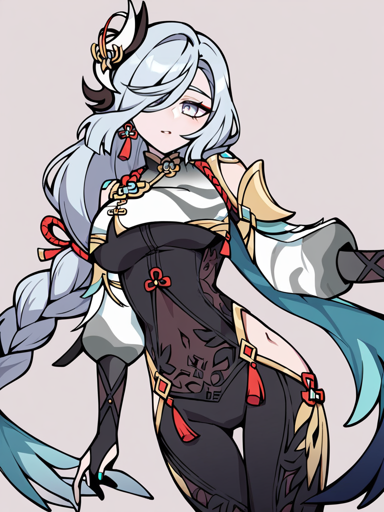 <lora:xl_Helltaker style(pony)-000005:1>,Helltaker style,shenhe \(genshin impact\),, score_9, score_8_up,